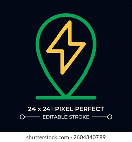 EV charging station location dark color line ui icon. Map pin with electricity symbol. Eco friendly refueling. Vector duotone outline symbol isolated. User interface element, pixel perfect