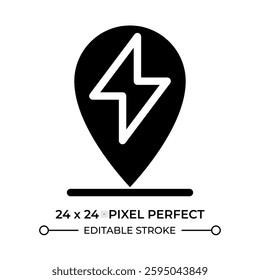 EV charging station location glyph ui icon. Map pin with electricity symbol. Eco friendly refueling. Black solid silhouette symbol vector. User interface element isolated, pixel perfect