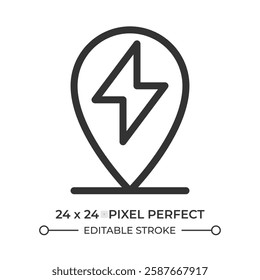 EV charging station location line ui icon. Map pin with electricity symbol. Eco friendly refueling. Isolated vector outline symbol. Webdesign user interface element linear, pixel perfect