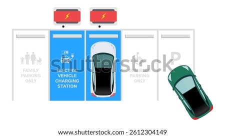 EV Charging Station Parking Lot, Family Parking Area, and Disabled Parking – Vector Illustration of Electric Cars with Fast Superchargers