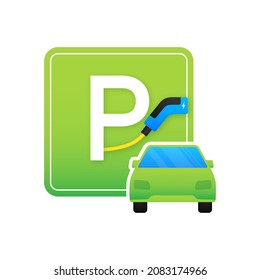 EV charging station parking sign. Electric vehicle charging. Vector stock illustration