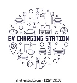 EV charging station round vector illustration in thin line style. Electric Vehicle charging concept linear symbol