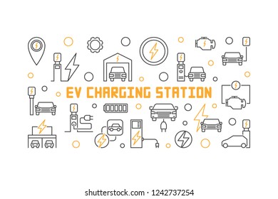 EV charging station vector illustration in thin line style. Electric vehicle charging concept horizontal banner