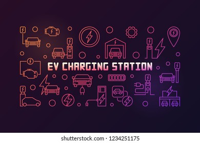 EV charging station vector outline colorful illustration. Electric vehicle charging concept horizontal banner on dark background