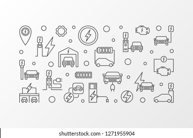 EV charging station vector outline illustration. Electric vehicle charging concept horizontal banner