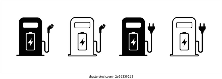Estaciones de carga de EV, eléctrico, carga, estación, iconos, enchufe, batería, energía, combustible