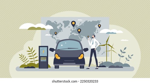 EV charging stations network with plug in recharge map tiny person concept. Global power grid for electric vehicles with supercharger infrastructure vector illustration. Battery supply coverage.