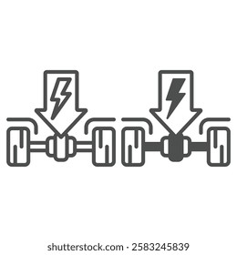 Ev chassis with wheels line and solid icon, Energy power concept. Vector graphics. Arrow with car chassis sign on white background, outline style icon for mobile or web design