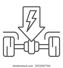 Ev chassis with wheels thin line icon, Energy power concept. Vector graphics. Arrow with car chassis sign on white background, outline style icon for mobile or web design