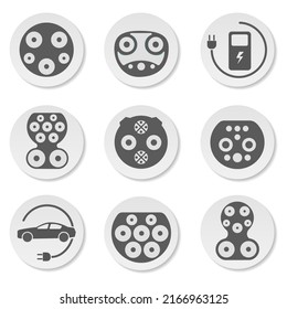 Ev connectors. Electric car chargers, vehicle electrical plug ports, cars charging types, charger plugs view standards vector illustration