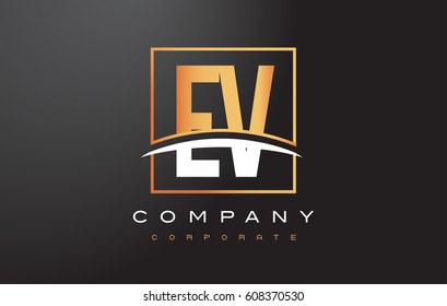 EV E V Golden Letter Logo Design with Swoosh and Rectangle Square Box Vector Design.