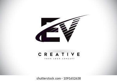 EV E V Letter Logo Design with Swoosh and Black Lines. Modern Creative zebra lines Letters Vector Logo