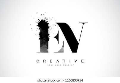 EV E V Letter Logo Design with Black Ink Watercolor Splash Spill Vector Illustration.