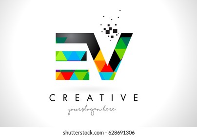 EV E V Letter Logo with Colorful Vivid Triangles Texture Design Vector Illustration.