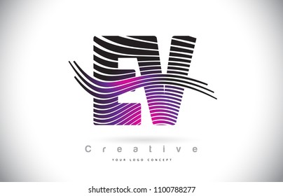 EV E V Zebra Texture Letter Logo Design With Creative Lines and Swosh in Purple Magenta Color Vector.