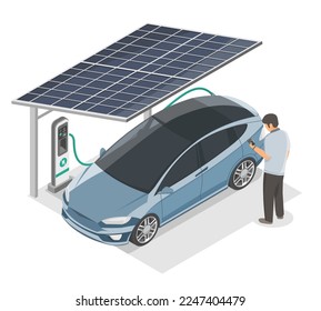 EV Electric Car Charging Parking Station Clean Energy from Solar cell ecology Concept isometric vector isolated