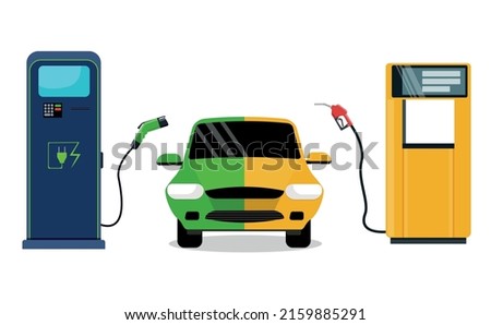 An EV electric car and a charging station compared to a conventional car with a gas pump. Comparison. Vector illustration.