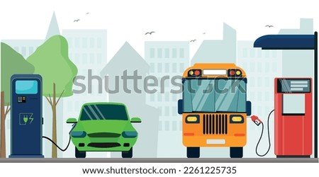 An EV electric car with a charging station and a regular car with a gas pump. Vector illustration.