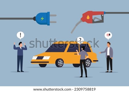 An EV electric car and a charging station compared to a conventional car with a gas pump 2d vector illustration concept for banner, website, illustration, landing page, flyer, etc.