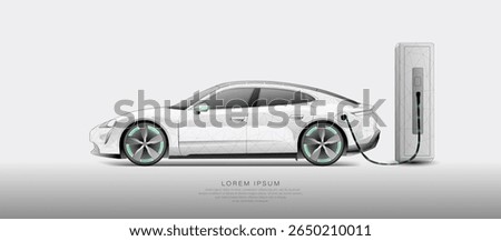 EV, an Electric car at a charging station. Eco power. EV charger. Low poly polygon wireframe