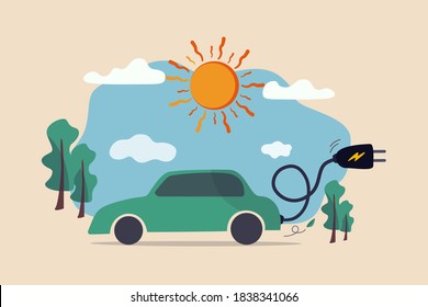 EV, Electric car clean energy environment friendly or hi technology using reusable solar power to fuel battery car concept, Electric car with power cable and electric plug with nature tree and sun.