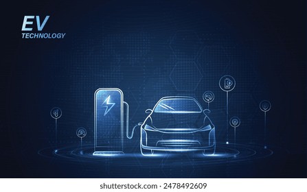 EV. Electric car connect to charging station on blue background. Eco power, EV charger, alternative energy, rechargeable battery, auto industry, future technology. vector.