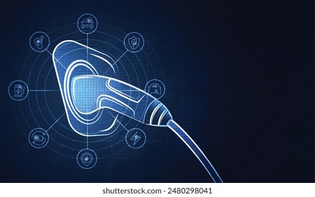 EV. Electric car connect to charging station with icons on blue background. Eco power, EV charger, alternative energy, rechargeable battery, auto industry, future technology. vector.