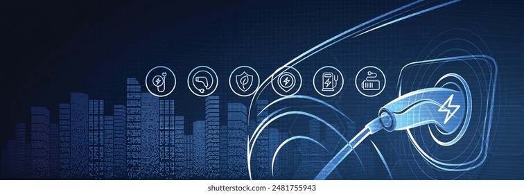 EV. Electric car connect to charging station with icons on blue background. Eco power, EV charger, alternative energy, rechargeable battery, auto industry, future technology. vector.