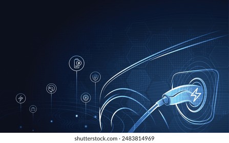 EV. El coche eléctrico se conecta a la estación de carga con iconos sobre fondo azul. Energía ecológica, cargador de EV, energía alternativa, batería recargable, industria automotriz, tecnología del futuro. Vector.