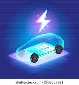 EV Electric car connect to charging station on blue background. Eco power, EV charger, alternative energy, rechargeable battery, auto industry, future technology. vector.