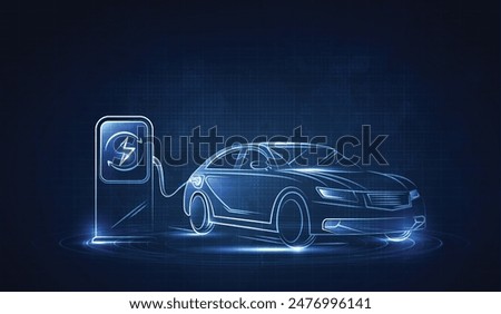 EV. Electric car connect to charging station on blue background. Eco power, EV charger, alternative energy, rechargeable battery, auto industry, future technology. vector.