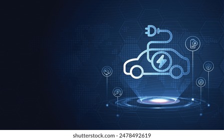 EV. Electric car connect with icons technology digital circuit on blue background. Eco power, EV charger, alternative energy, rechargeable battery, auto industry, future technology. vector.