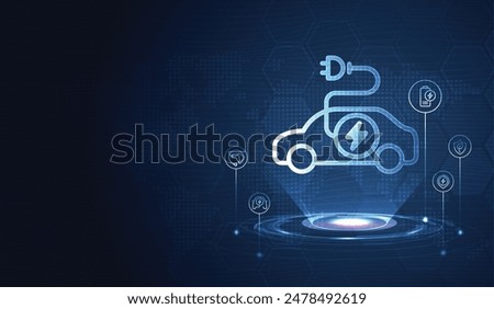 EV. Electric car connect with icons technology digital circuit on blue background. Eco power, EV charger, alternative energy, rechargeable battery, auto industry, future technology. vector.