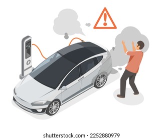 EV Electric Car Crash Circuit Failure Problem accident Charging Station Ecology refill Clean Power Battery smoke fire ecology zero emission Concept isometric isolated vector