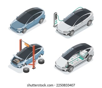 EV Electric car Maintenance and Charging Station isometric view isolated vector set