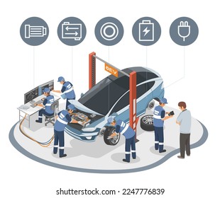 EV Elektrisches Automobil-Service-Center mit Kundeninspekteur Inspektion Auto-Ingenieur und Motortechniker Wartung und Reparatur isometrisches Vektorsymbol einzeln