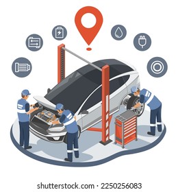 EV Electric Car Service center Map Location Point Inspection Inspector Auto Engineer and Motor Technician Maintenance and Repair icon symbols isometric vector isolated illustration