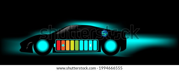 EV Electric car silhouette with low battery.\
Modern electric car\
batteries