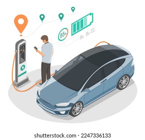 EV Electric Car stop at Charging Station Concept Men use smartphone to planning check location map and pay monitoring in between travel time and go work isometric vector isolated svg