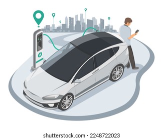 EV Electric Car stop at Charging Station Location out of town Ecology refill Clean Power Battery ecology zero emission Concept isometric isolated vector 