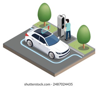 Parada del coche eléctrico de EV en la estación de carga Ecología cortada dentro mostrar concepto de batería isométrica aislada Vector