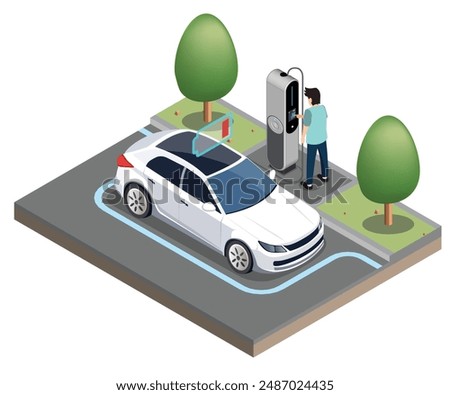 EV Electric Car stop at Charging Station Ecology cut inside show Battery Concept isometric isolated vector