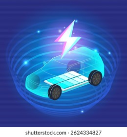 Voiture VUS électrique connectée à une borne de recharge sur fond bleu. Éco-alimentation, chargeur EV, énergie alternative, batterie rechargeable, industrie automobile, technologie future. Image vectorielle.