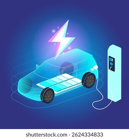 Voiture VUS électrique connectée à une borne de recharge sur fond bleu. Éco-alimentation, chargeur EV, énergie alternative, batterie rechargeable, industrie automobile, technologie future. Image vectorielle.
