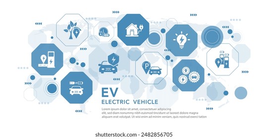 EV vehículo eléctrico concepto de coche. energía ecológica de fuente sostenible producida para suministrar a la estación de carga con el fin de reducir las emisiones de CO2, ecotecnología verde. Ilustración vectorial.