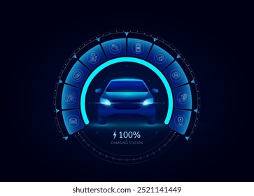 EV Electric vehicle and charging station. Battery at 100 percent status. Alternative to automotive future industry. Environment nature energy technology. Banner vector EPS10.