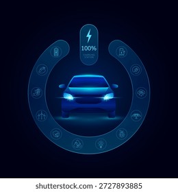 Vehículo eléctrico dentro del Botón de arranque. Estación de carga. Batería al 100 por ciento de Estado. Alternativa a la industria automotriz del futuro. Medio ambiente, naturaleza y tecnología energética. Vector EPS10.