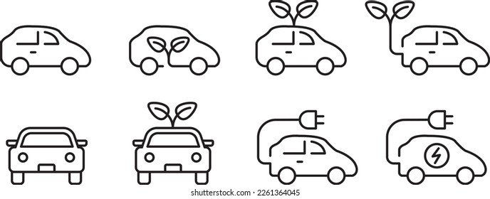 EV Juego de iconos de línea del vehículo eléctrico. Electricidad coche energía limpia energía ecológica gases verde colección de señales de potencia vector gráfico ilustración de diseño