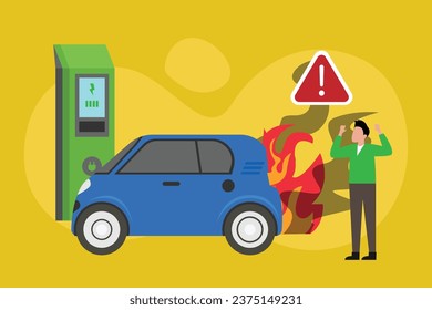 EV Electric Vehicle on fire 2d vector illustration concept for banner, website, landing page, flyer, etc