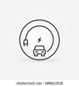 EV - Vehículo eléctrico con un icono redondo de concepto de línea delgada de enchufe o elemento de diseño
